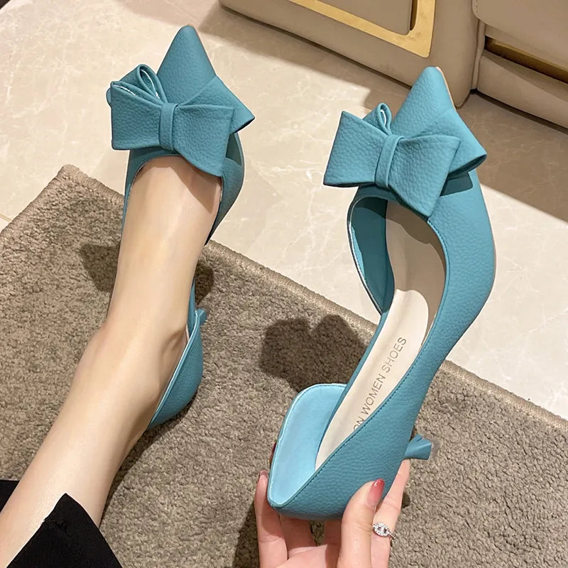 2023 New Bowknit Thin Heels Pumps Women Elegant Slip-On Party Shoes Woman Summer Pointed Toe Solid Color High Heels Shoes