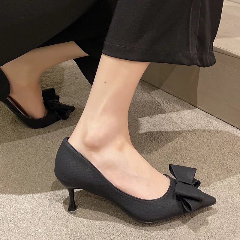 2023 New Bowknit Thin Heels Pumps Women Elegant Slip-On Party Shoes Woman Summer Pointed Toe Solid Color High Heels Shoes