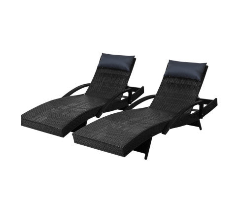 Gardeon Set of 2 Sun Lounge Outdoor Furniture Wicker Lounger Rattan Day Bed Garden Patio Black